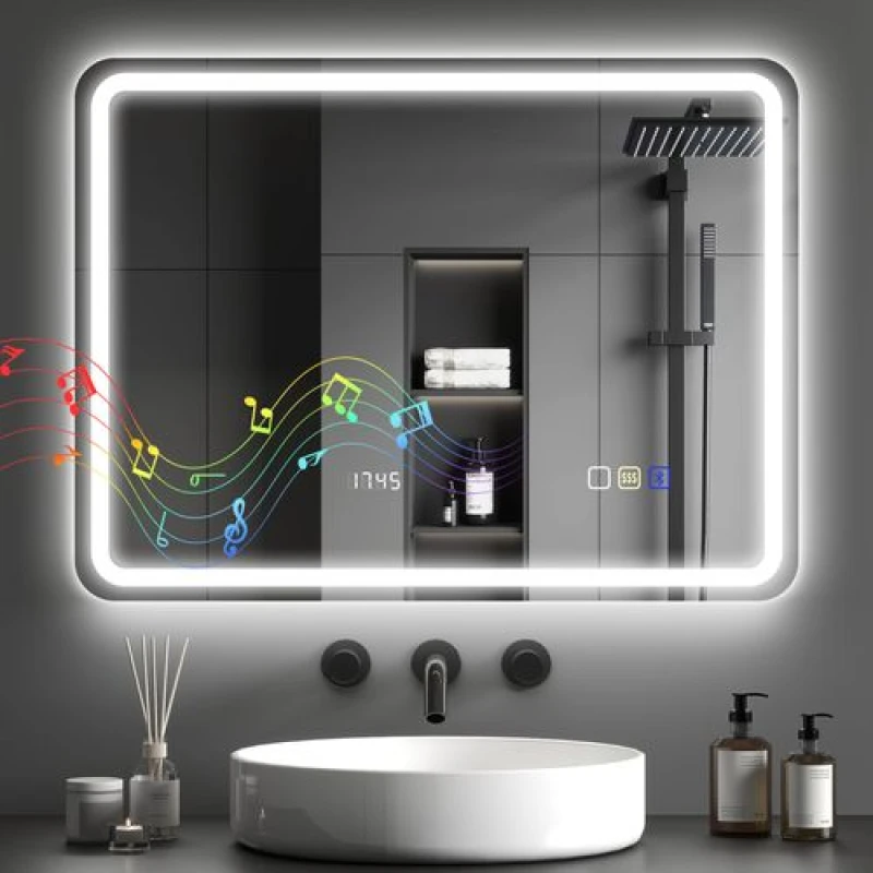 Image of HOMCOM 600 x 800 mm Illuminated Bathroom Mirror with Bluetooth Clock Silver 834-849V03SR