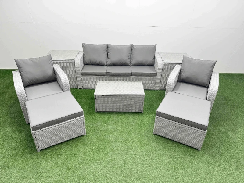 Image of Fimous PE Rattan Garden Furniture Set Reclining Chair Sofa Lounge Sofa Set Oblong Coffee Table 2 Side Table 2 Big Footstool Light Grey Light Grey