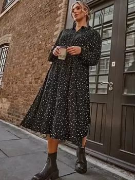 Image of Yours Long Sleeve Shirt Dress Mono Spot, Black, Size 22-24, Women