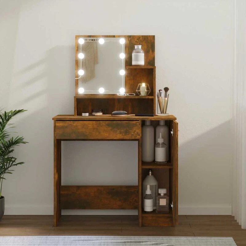 Image of vidaXL Dressing Table with LED Smoked Oak 86.5x35x136 cm, Brown 820484