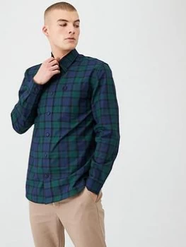 Image of Fred Perry Button Through Tartan Shirt - Navy/Green, Tartan Green, Size L, Men