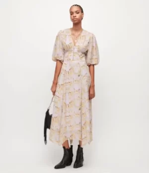 Image of AllSaints Womens Aspen Momo Maxi Dress, Yellow, Size: 16