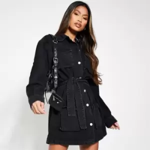 Image of I Saw It First Utility Pocketed Belted Denim Dress - Black