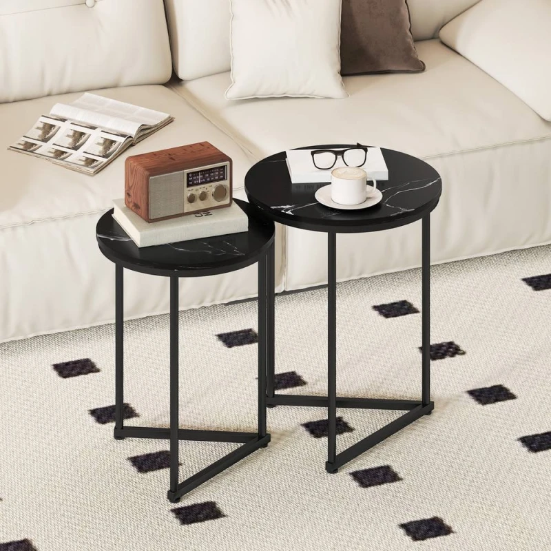Image of HOMCOM Nesting Coffee Table Set of 2 with Metal Frame, Black Marble Effect Size: 2 Pack Black Unisex 2 Pack