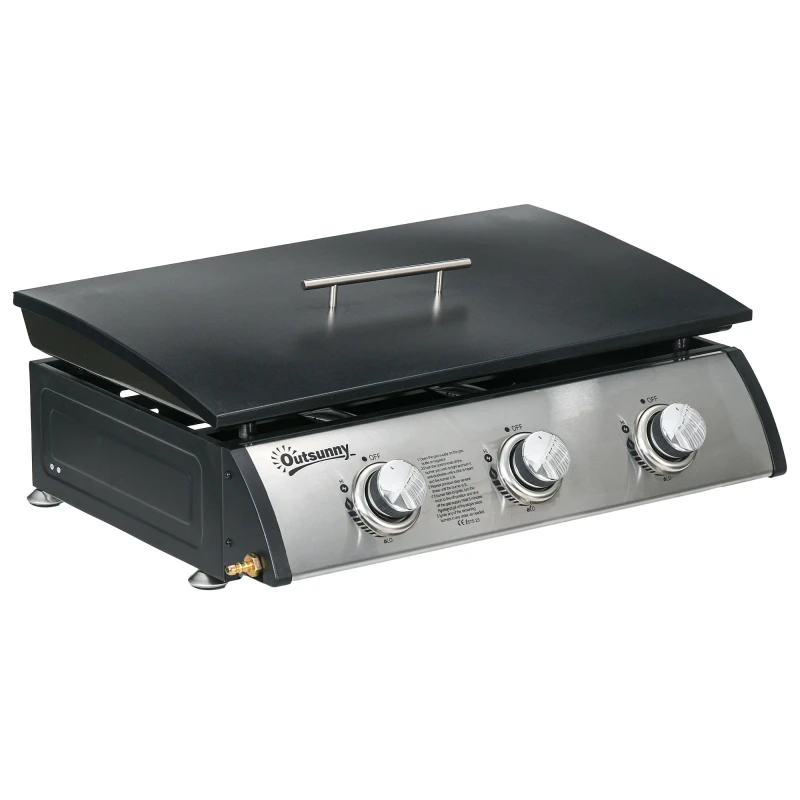 Image of Outsunny Outsunny Portable Gas Plancha BBQ Grill with 3 Burners, Non-Stick Griddle, Lid 5056725508685