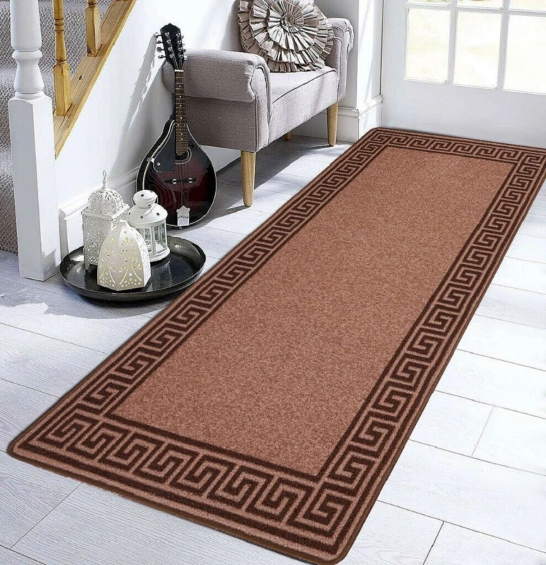 Image of Smart Living Smart Living Greekey Heavy Duty Machine Washable Hallway Kitchen Non Slip Door Mat in Brown Size: 80cm x 300cm Brown 80cm x 300cm Unise