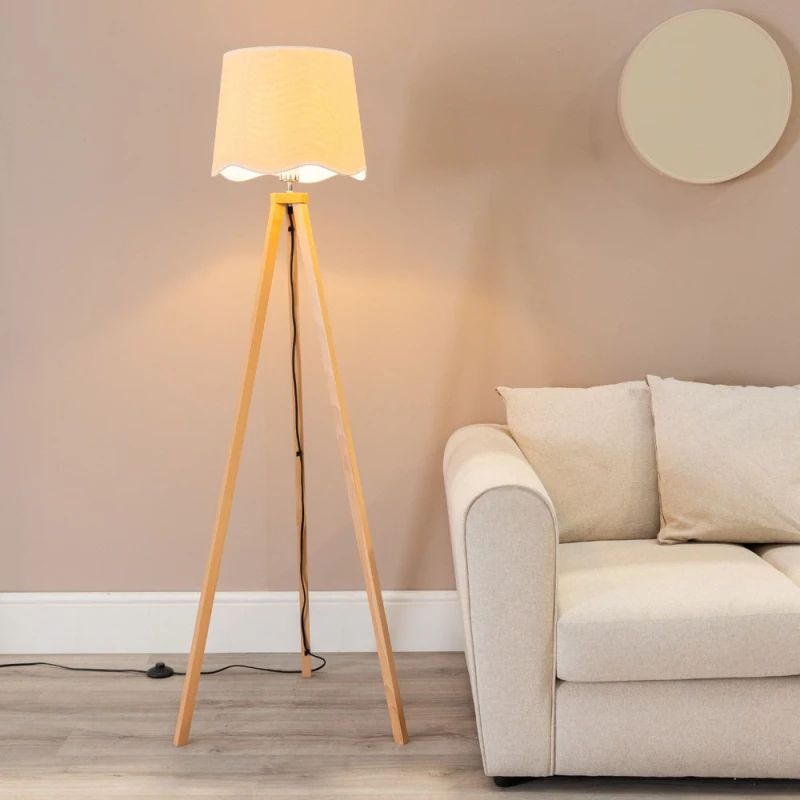 Image of ValueLights Barbro Light Wood Tripod Floor Lamp with Natural Linen Scallop Edge Shade White