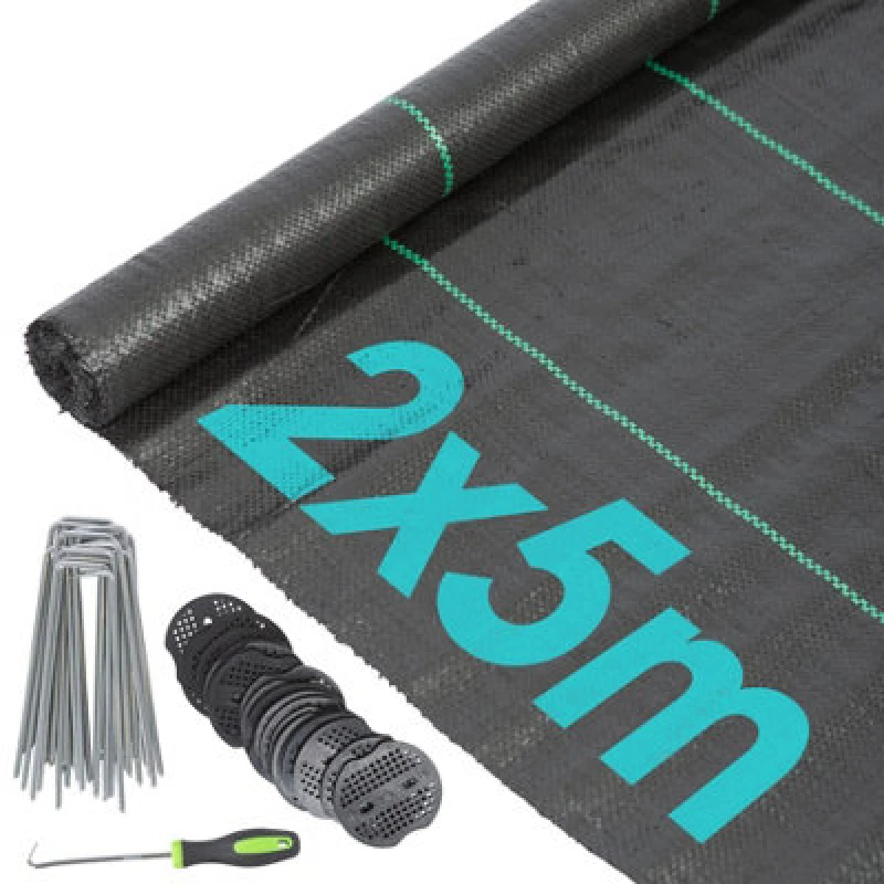 Image of Harbour Housewares 110gsm Weed Control Membrane with Pegs & Plates 2m x 5m Coverage (1 Roll) Black