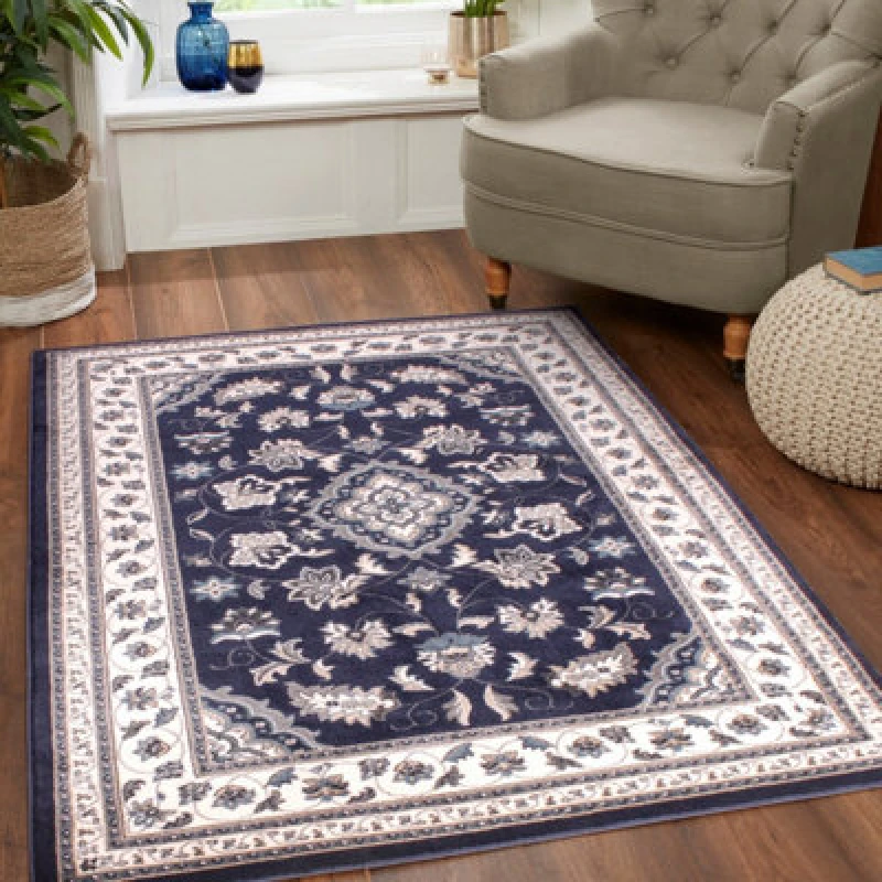 Image of Navy Traditional Bordered Floral Easy To Clean Rug For Dining Room Bed Room And Living Room-66 X 230Cm (Runner)