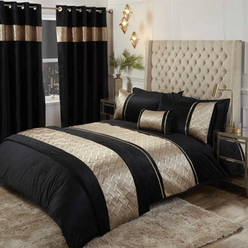 Image of RAPPORT HOME Capri Gold Black 66x72' Eyelet Curtains Ring Top Header Curtain Pair Lined Velvet 5027491048774