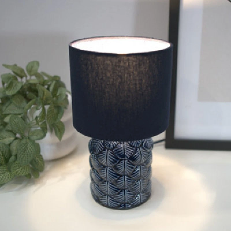Image of ValueLights Priyah Navy Ceramic Scallop Table Lamp with Fabric Shade Blue