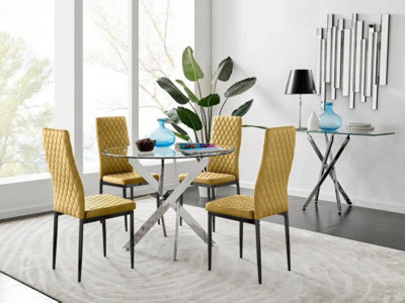 Image of FurnitureboxUK FurnitureboxUK Novara 100cm Round Dining Table and 4 Velvet Milan Black Leg Chairs in Mustard Mustard One Size Unisex 5056657153762