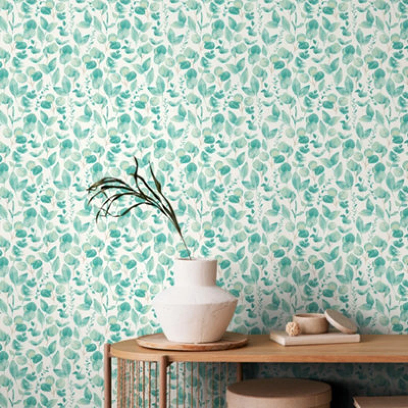Image of Hoopla Walls Watercolour Leaves - Aqua & Chalk 10M Wallpaper