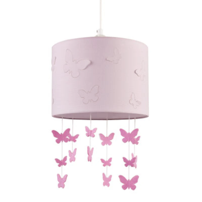 Image of Happy Homewares Soft Pink Cotton Fabric Childrens Pendant Shade With Butterfly Decor