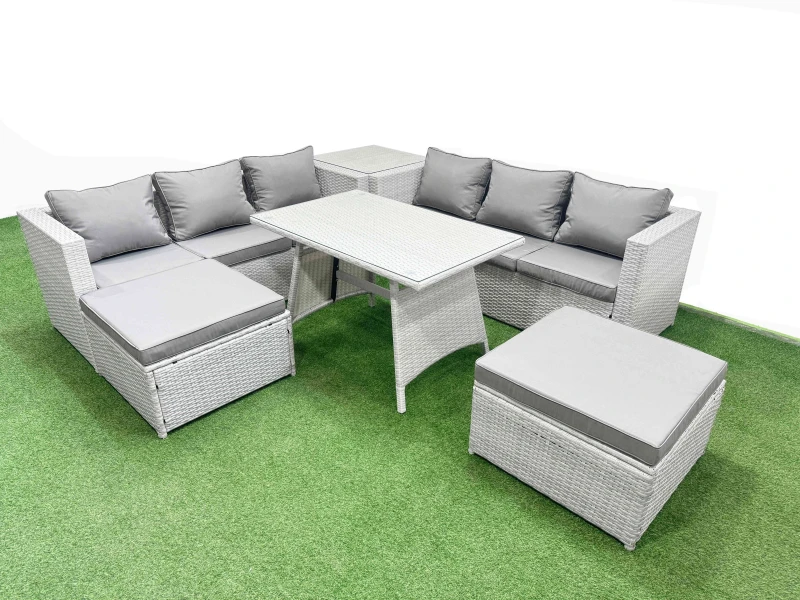 Image of Fimous 8-Seater Patio Rectangular Table 3 Seater Sofa Set With Side Table 2 Big Stools Light Grey