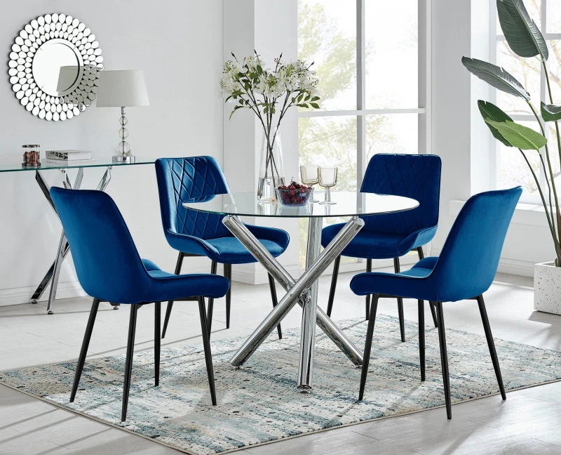 Image of FurnitureboxUK FurnitureboxUK Selina Round Glass Chrome Leg Dining Table and Pesaro Black Leg Chairs in Navy Size: 4 Person Navy 4 Person Unisex 505
