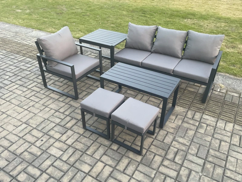 Image of Fimous Aluminium 6 Pieces Garden Furniture Sofa Set with Cushions 6 Seater Outdoor Patio Set with Armchair 2 Small Footstools Side Table in Dark Grey