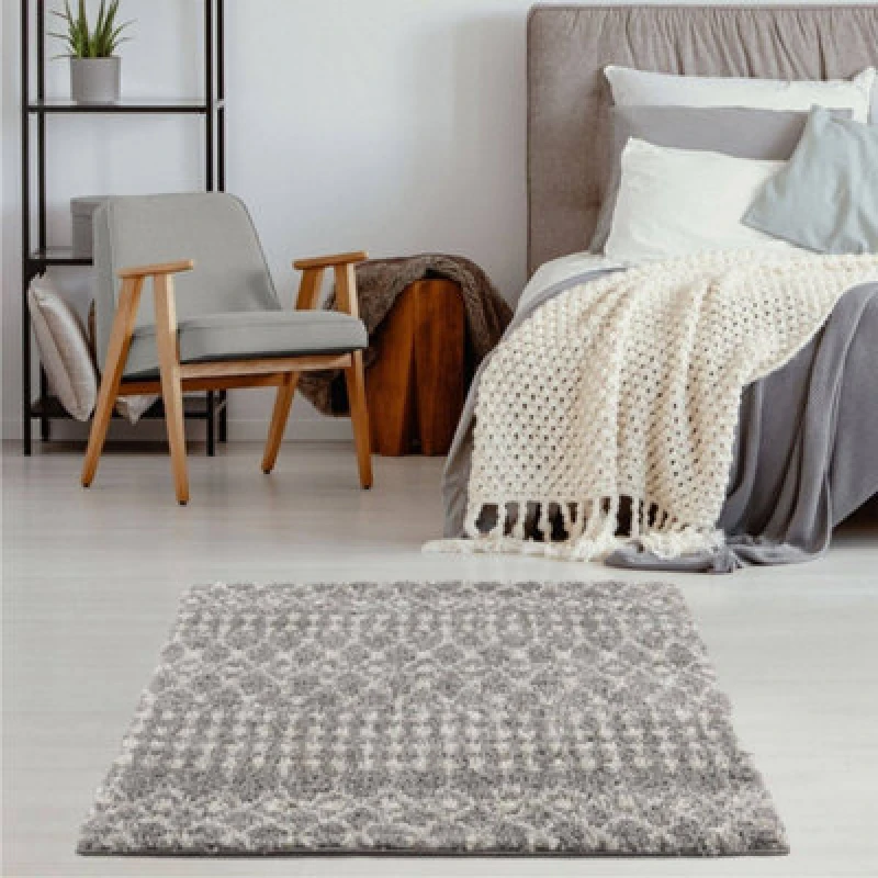 Image of THE RUGS Soft Moroccan Diamond Shaggy Rugs & Runners Grey Ivory Living Room Size: 120cm x 120cm Grey Unisex 120cm x 120 cm