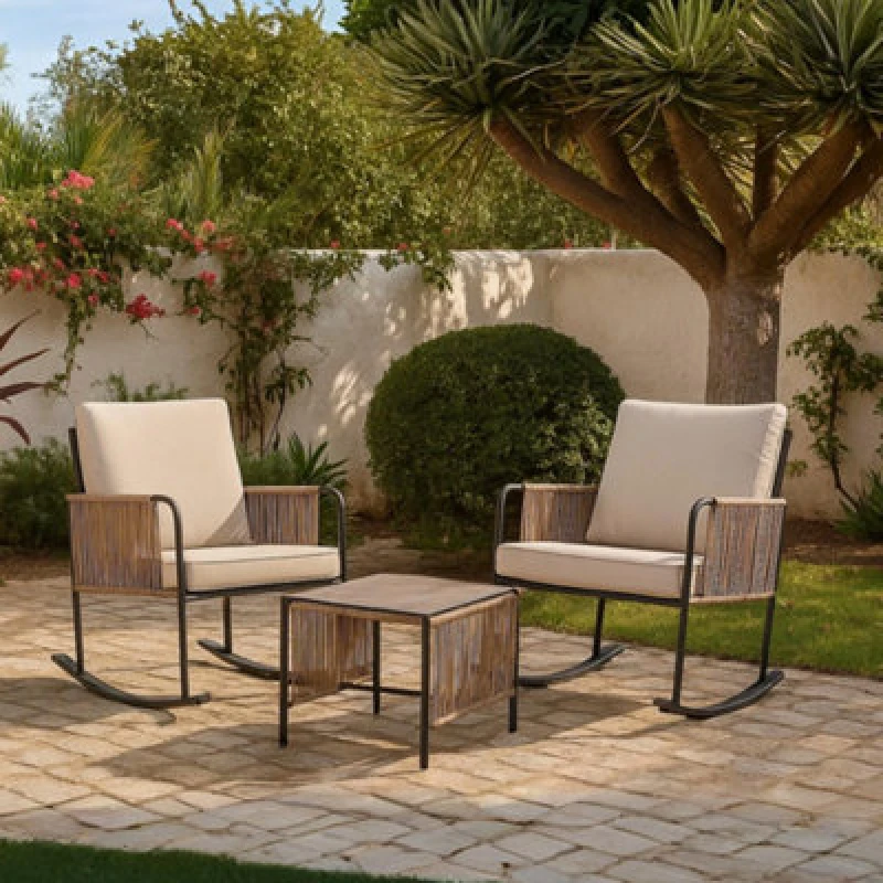 Image of Teamson Home Outdoor Garden Table And Rocking Chair Furniture Set, Beige