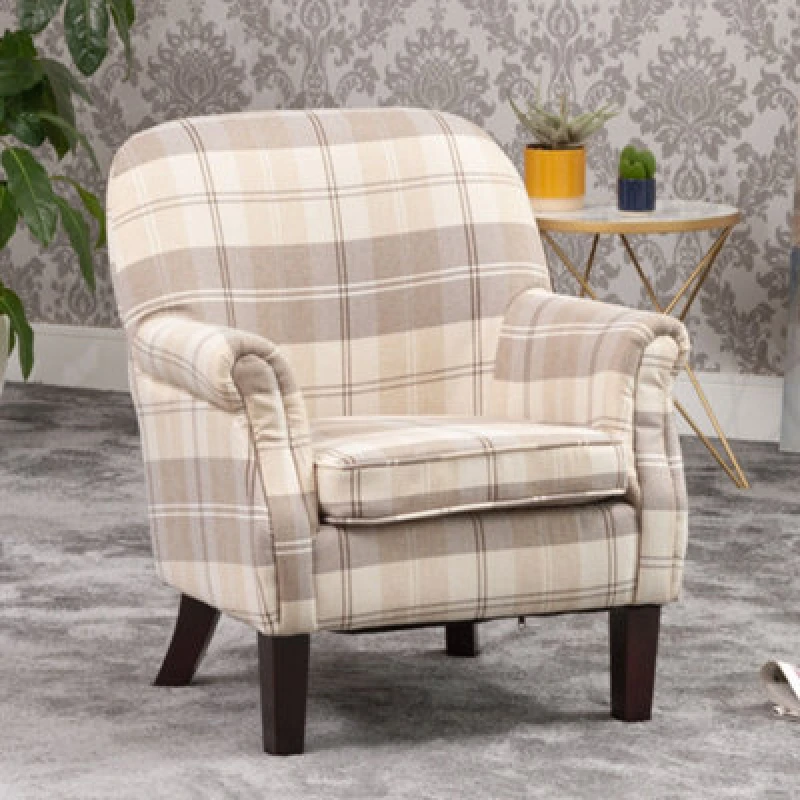 Image of Candia 65Cm Beige Chequered Fabric Armchair With Dark And Light Wooden Legs
