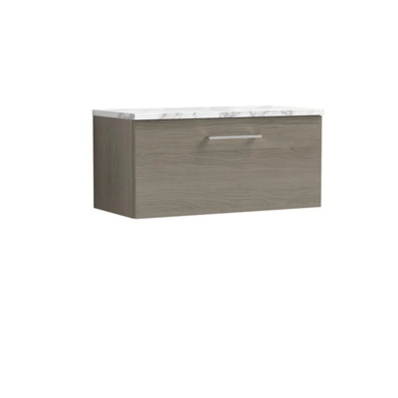 Image of NUIE Arno Wall Hung 1-Drawer Vanity Unit with Carrera Marble Worktop 800mm Wide - Solace oak - Nuie ARN2525LCM