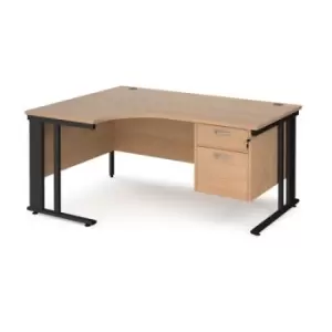 Image of Office Desk Left Hand Corner Desk 1600mm With Pedestal Beech Top With Black Frame 1200mm Depth Maestro 25 MCM16ELP2KB