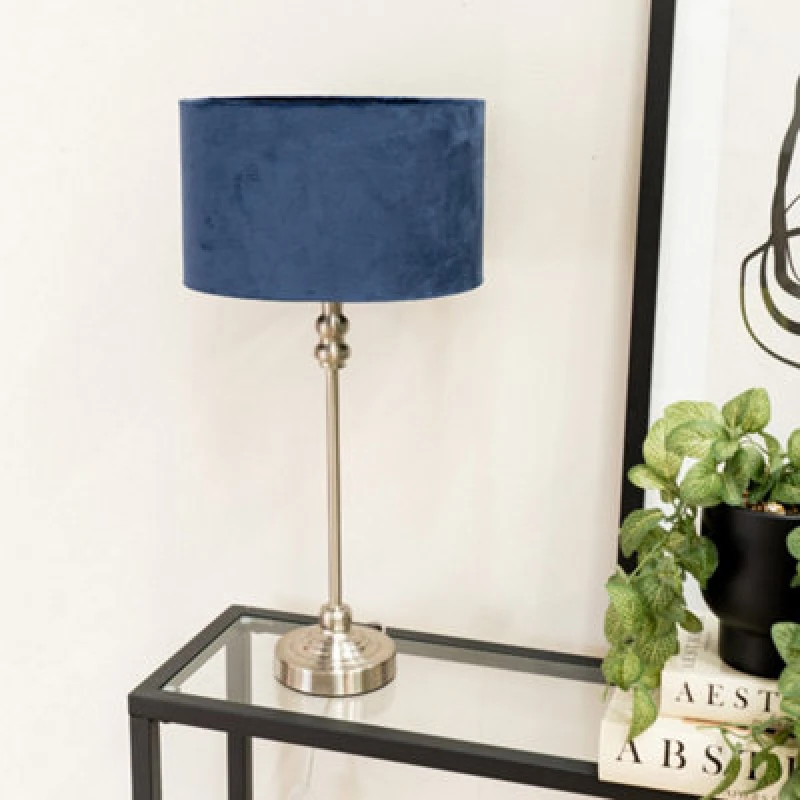 Image of ValueLights Maggie Brushed Chrome Candlestick Slim Table Lamp with Velvet Drum Lamp Shade Navy