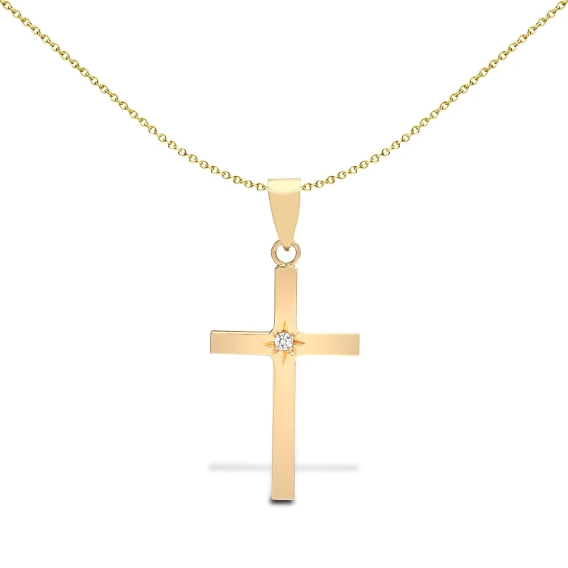 Image of Jewelco London 18ct Gold 0.03ct Diamond Minimalist Solitaire Cross Pendant - 18X106 Gold