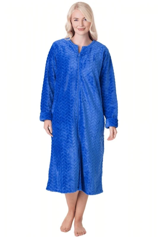 Image of Camille Supersoft Zip Front Embossed Housecoat Blue