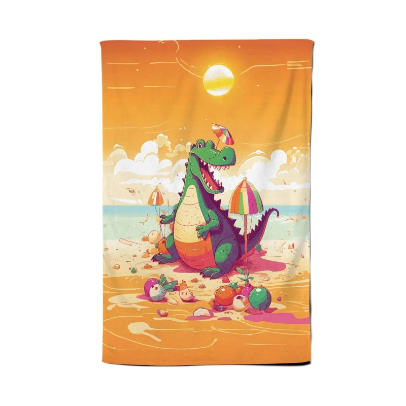 Image of Warren Reed - Designer Crocodile On A Beach Holiday Tea Towel in Yellow Yellow Unisex
