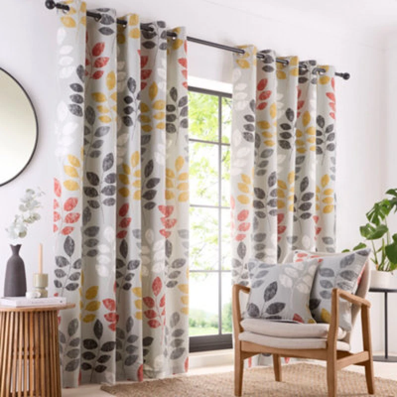 Image of Portfolio Home Springfield Leaf Grey 66" Width X 90" Drop (168 X 229Cm) Fully Lined Eyelet Curtain Set 2 Panels