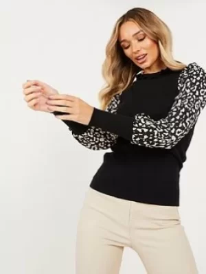 Image of Quiz Knitted Animal Print Frill Jumper, Black, Size S, Women