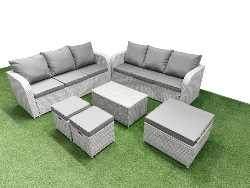 Image of Fimous Outdoor Garden Furniture Sets 9 Seater Wicker Rattan Furniture Sofa Sets with Rectangular Coffee Table high Back Lounge Sofa 3 Stools Light Gre