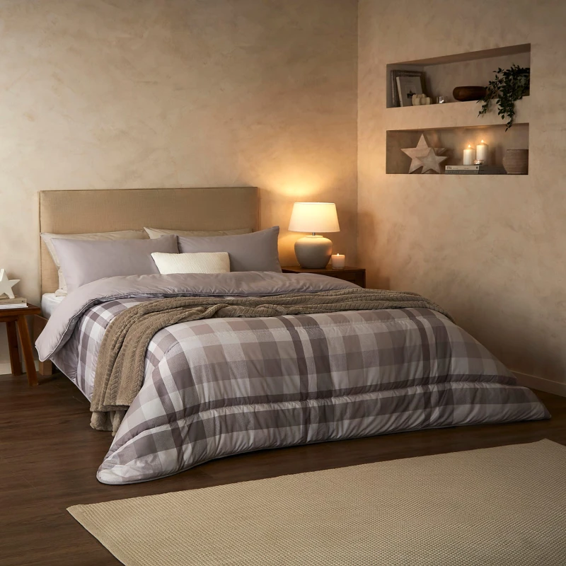 Image of Night Lark by Fine Bedding Company Check Coverless Duvet Set, 10.5 Tog, Single, Natural