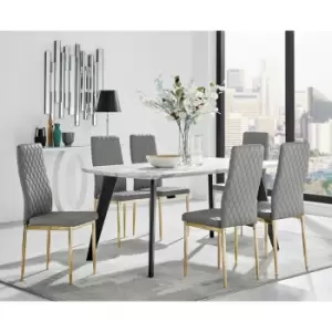 Image of Furniturebox UK - Andria Black Leg Marble Effect Dining Table and 6 Grey Gold Leg Milan Chairs - Elephant Grey