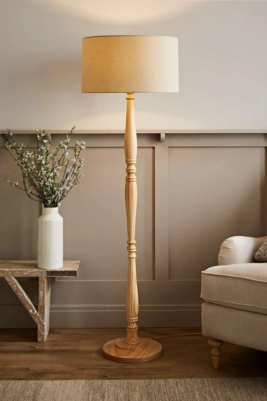 Image of ValueLights Victoria Light Wood Traditional Stem Floor Lamp with Fabric Drum Shade Natural
