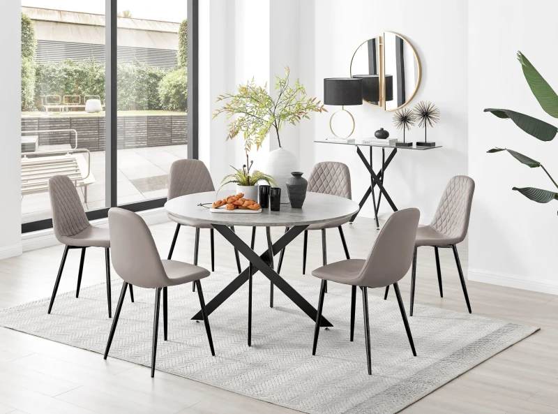 Image of FurnitureboxUK FurnitureboxUK Novara Grey Concrete Effect Black Leg 120cm Round Dining Table & 6 Corona Black Leg Chairs in Beige Beige One Size Unise