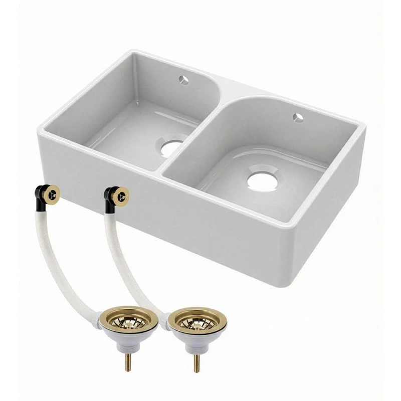 Image of Balterley Fireclay Butler Kitchen Sink, Tap Ledge & Brushed Brass Wastes, 795mm in White White Unisex
