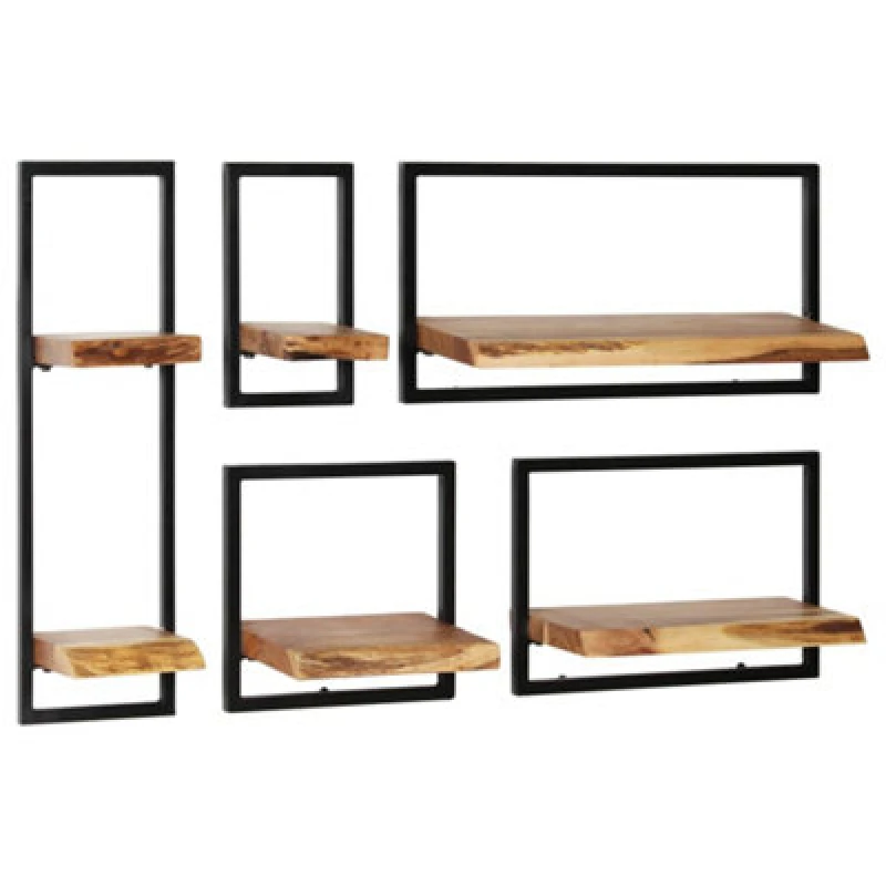 Image of vidaXL Solid Acacia Wood and Steel Wall Shelf Set 5 Piece Ledges Display Unit