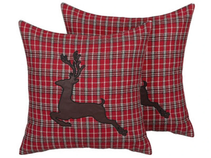 Image of Beliani Set Of 2 Decorative Cushions Comet 45 X 45cm Dark Red Christmas Motif
