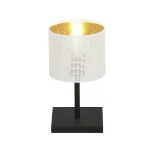 Image of Emibig Jordan Black Table Lamp with Round Shade with White, Gold Fabric Shades, 1x E27