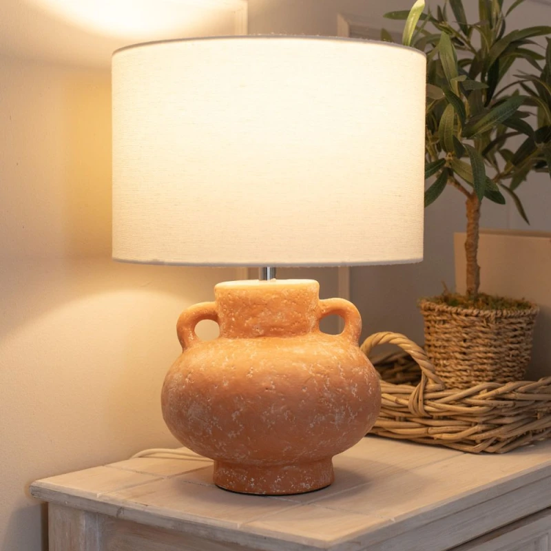 Image of ValueLights ValueLights Theo Linen Drum Lamp Shade Terracotta Vase Hand Finished Table Lamp and LED Bulb Terracotta One Size Unisex 5059406066351