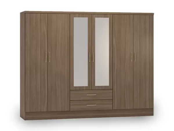 Image of Seconique Nevada Rustic Oak 6 Door 2 Drawer Mirrored Wardrobe