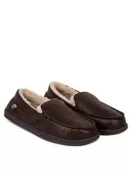 Image of TOTES Distressed Moccasin Slippers with Check Sock Interior, Chocolate, Size 9, Men
