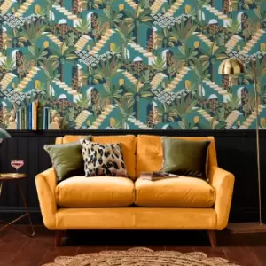 Image of Envy - Vacay Troical Night Green Floral Wallpaper - Green