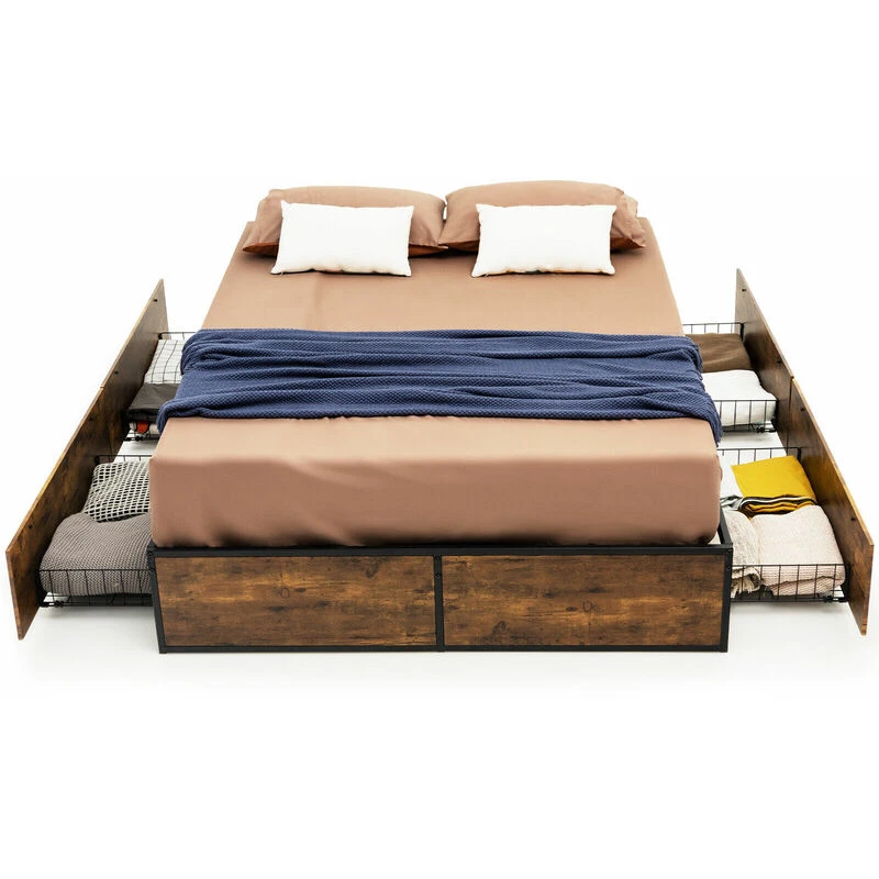 Image of COSTWAY Double Metal Bed Frame with 4 Underbed Storage Drawers Rustic Brown - Costway M1A10231