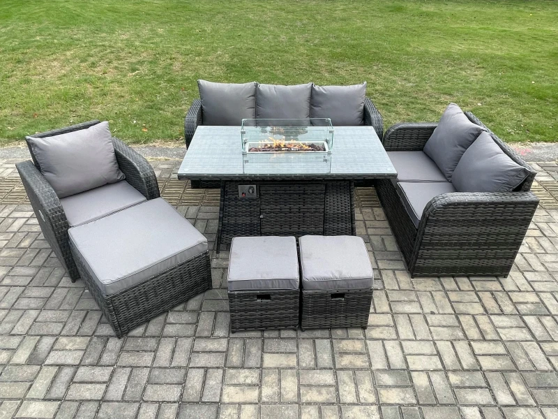 Image of Fimous Rattan Garden Furniture Set with Fire Pit Table 9 Seater Outdoor Lounge Sofa Set Dark Grey Mixed Dark Grey