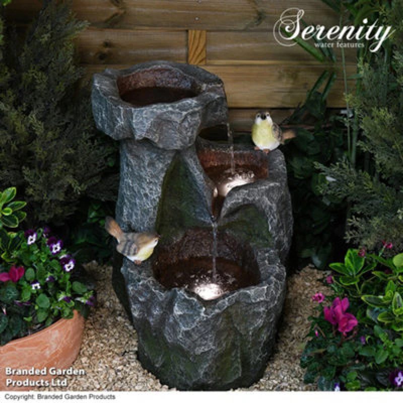 Image of Garden Gear Serenity Cascading Rock Water Feature With Two Birds LED Lighting Self Contained