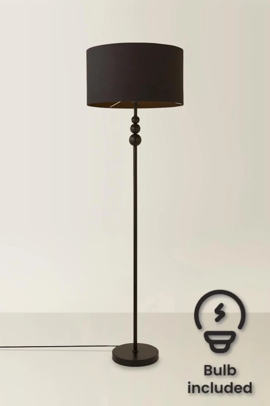 Image of ValueLights Marissa Fabric Drum Shade with Black Stacked Ball Floor Lamp and LED Bulb Black