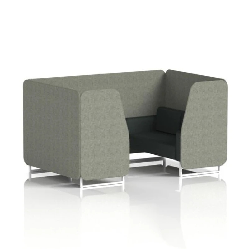 Image of Brixworth 4 Seater Office Booth with Front Panel - White Legs in Rivet Fabric - Vitreous Panels and Charcoal Sofa